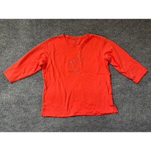 Palm Grove Top Womens P XL Coral Pink Cotton Rhinestones Embordered Palm Trees